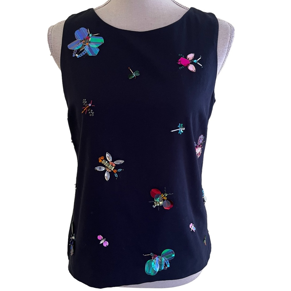 Talbots RSVP Navy Blue Sleeveless Shell with Sequin and Rhinestone Bug Detail
